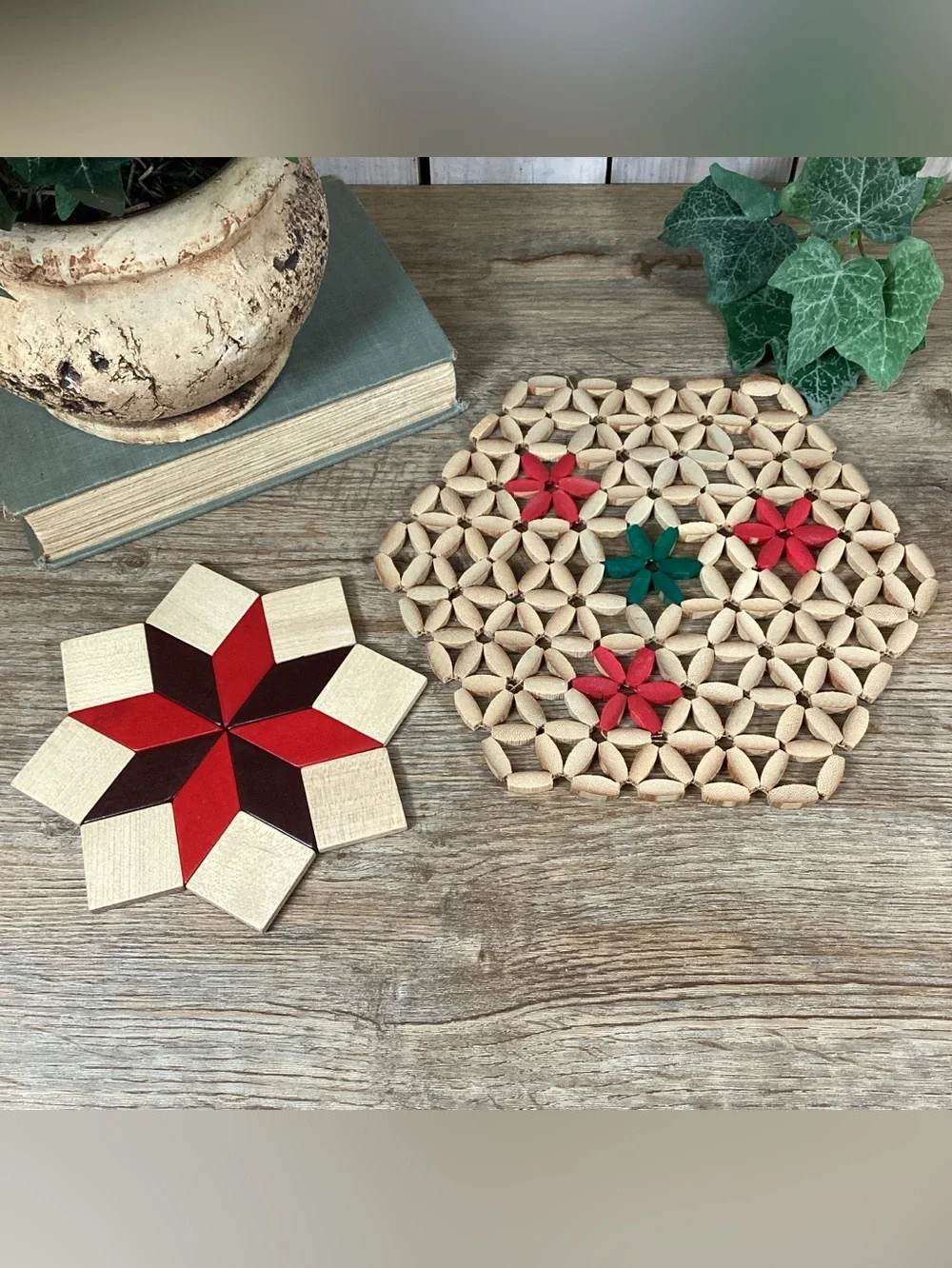 Vintage Wood Trivets - Bamboo Bead And West Germany Quilt Star